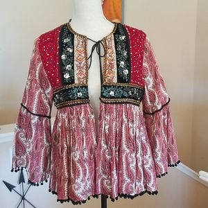 Zara Sequins Beads Wine Velvet Paisley Tie Jacket